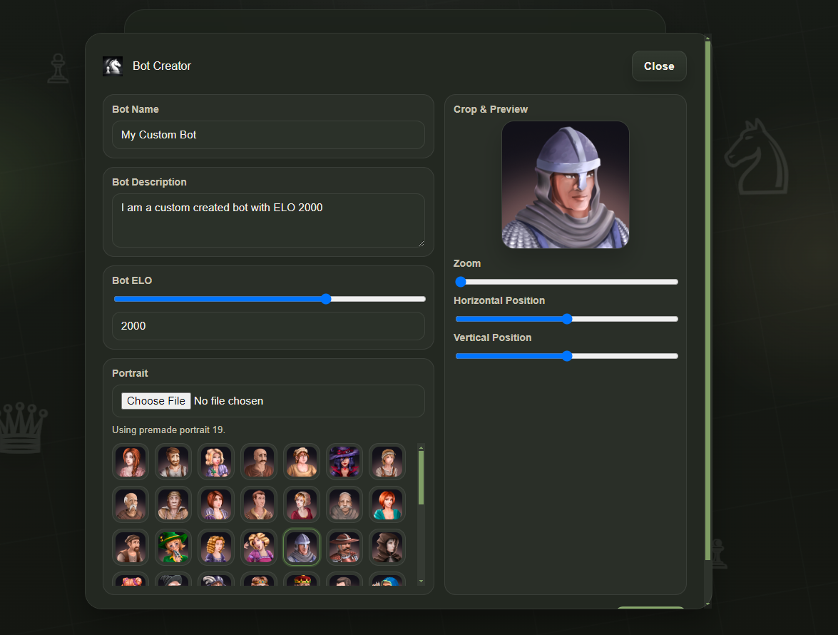 QuietChess custom bot creator screen